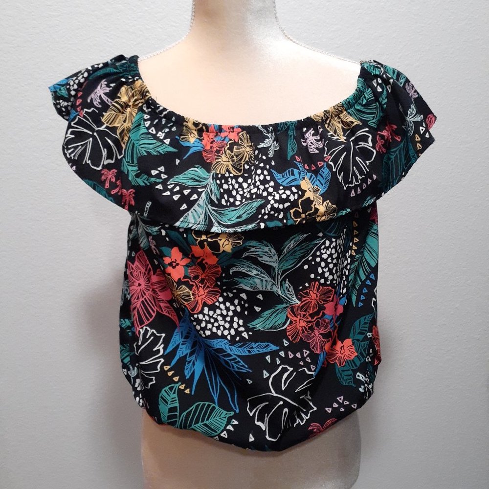 Arizona Jean Co Black Bright multicolored Midriff Crop Top Shirt - Size Large
